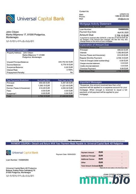 Czarnogóra Universal Capital Bank AD Podgorica wyciąg z kredytu hipotecznego szablon Word i PDF